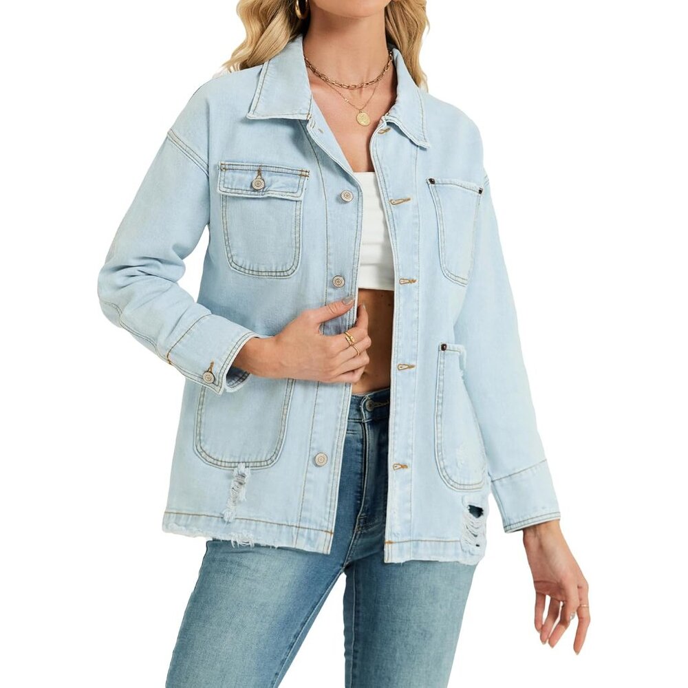 Women Denim Jacket Long Sleeve Button Down Oversized Casual Fashion